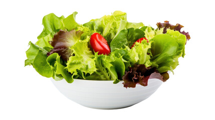 various fresh mix salad leaves with tomato in bowl isolated on white background