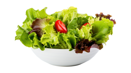 various fresh mix salad leaves with tomato in bowl isolated on white background