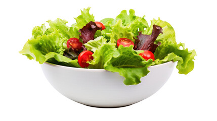 various fresh mix salad leaves with tomato in bowl isolated on white background
