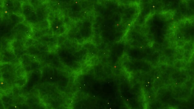 Abstract green nebula background animated with subtle starry sky, suitable for space themes and wallpapers.