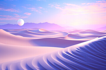 Creative illustration of the rhythmic waves of pink and purple sand in dunes , moved by the wind in desert landscape , create an atmosphere of calmness and tranquility. - obrazy, fototapety, plakaty