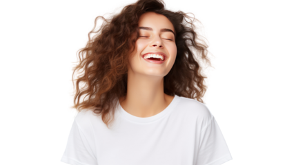 Portrait of happy and positive woman close eyes, smiling carefree, isolated on transparent and white background.PNG image.