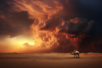 camel in the desert at sunset with dramatic clouds