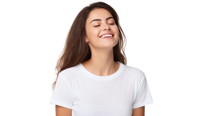 Fototapeta premium Portrait of happy and positive woman close eyes, smiling carefree, isolated on transparent and white background.PNG image.