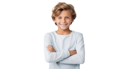 Happy young caucasian boy in casual outfit with arms crossed isolated on transparent and white background.PNG image.