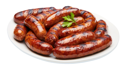 Grilled pork bangers, isolated on transparent and white background.PNG image.
