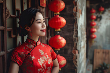 Fototapeta na wymiar Image of a young Asian woman wearing a red dress at the Chinese New Year festival