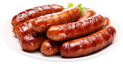 Grilled pork bangers, isolated on transparent and white background.PNG image.