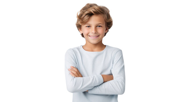 Happy young caucasian boy in casual outfit with arms crossed isolated on transparent and white background.PNG image.