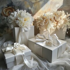 wedding bouquet of roses and gifts gray white 