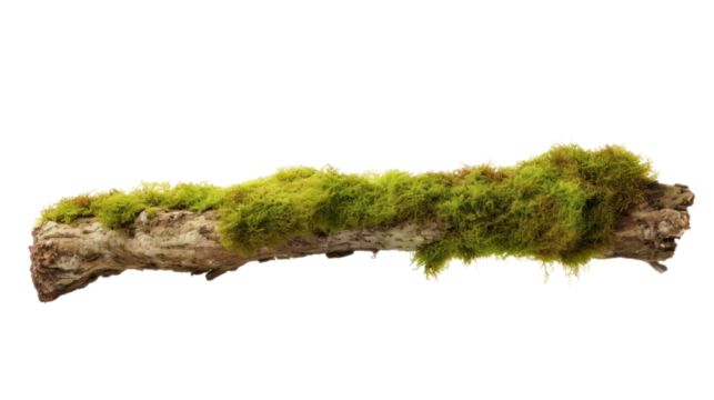 Fresh green moss on rotten branch isolated on white, 