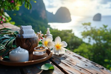 spa skin care products on a wooden table with southshore background