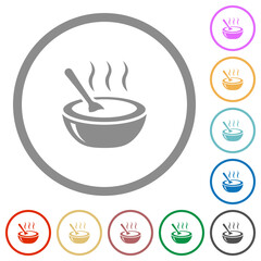 Glossy steaming bowl of soup with spoon flat icons with outlines