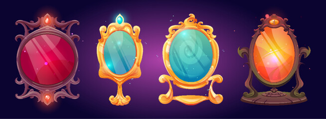 Magic vintage mirror with golden, wooden and metallic curly decorative frame, gemstones and glowing neon looking glass. Cartoon vector set of fairytale antique mystery speculum with diamonds. - obrazy, fototapety, plakaty