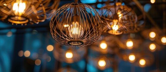 Modern wire ceiling lights with LED lamps, inspired by art nouveau style home design, display selective focus.
