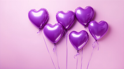purple heart shaped balloon bunch on a pink background.