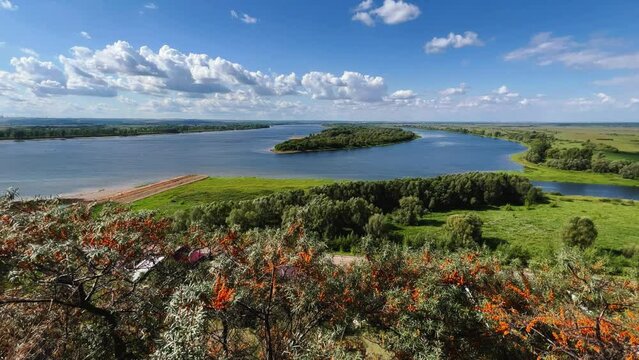 Picturesque view of the Kama River from the observation deck at the Yelabuga settlement. The movement of clouds over the river. Lower Kama National Park. Yelabuga, Republic of Tatarstan, Russia, 4K