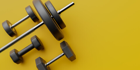 Background of various exercise equipment for strength training, 3d rendering