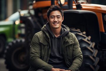 Field farming vehicle. Machine for agricultural work. Active happy adult man. Portrait of Asian male farmer in front of tractor looking into camera with serious expression