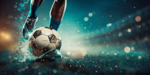 Soccer Players Kick. Nighttime Stadium Close-Up Shot