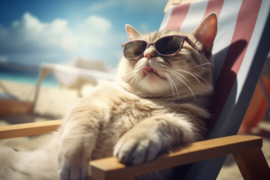 Tabby cat wearing sunglass sitting on beach chair, chilling and sunbathing in summer. summer travel images.