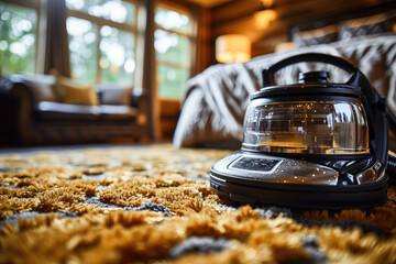 A modern vacuum cleaner on a textured carpet in a cozy living room setting, symbolizing household chores and cleanliness.