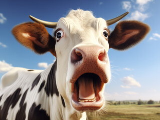 Shocked cow expression, close up shot of cow face. Surprised or amazed expression advertising concept. - obrazy, fototapety, plakaty