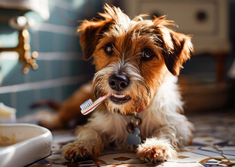 A charming Jack Russell dog indoors, holding a toothbrush in its mouth, promoting pet dental health and hygiene.