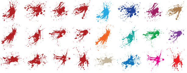 Paint brush stroke splatter drops and black, orange, green, purple, wheat, red color splash paints grunge illustration background set