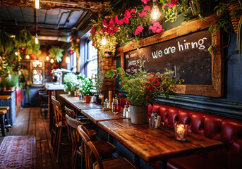 Fototapeta na wymiar A cozy restaurant interior featuring a 'we are hiring' sign on a chalkboard, colorful flowers, and warm, inviting decor.