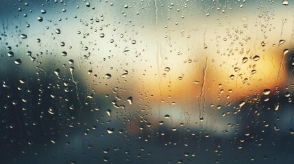 Close-up of raindrops on transparent glass.Blurred background of a silhouette landscape, blurred background of city lights.The texture of wet glass. Abstract background.