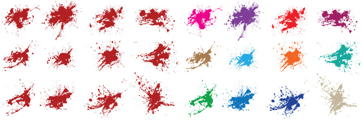 Distressed splatter black, orange, green, purple, wheat, red color paint liquid stains brush stroke vector background set - obrazy, fototapety, plakaty