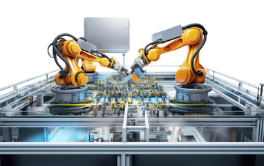 Cybernetic Forces in a Manufacturing Hub with a Robotic Assembly Line on a White or Clear Surface PNG Transparent Background