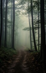Obraz premium Desolate Woodland Track on a Misty Evening