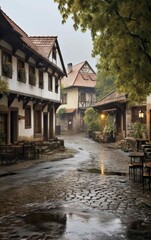 Photograph of a desolate village square during a downpour