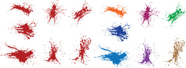 Decorative realistic isolated paint splatters and splashes flat black, orange, green, purple, wheat, red color illustration brush stroke element design set