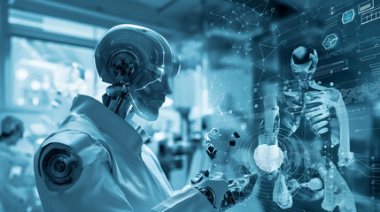 Fototapeta premium AI robot doing research in a medical field, healthcare industry.