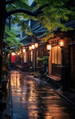 Photograph of a muted Japanese street at night