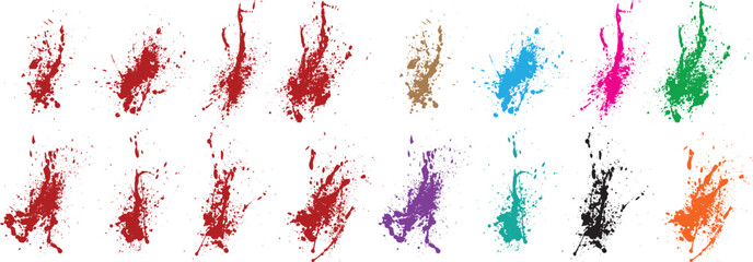 Hand-painted grunge ink green, red, black, orange, purple, wheat color splatter isolated grunge texture background set