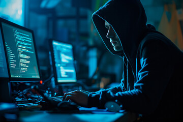 Hacker in Hoodie Breaching Network in front of multiple monitors