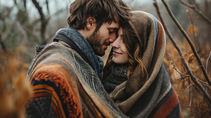 Cute engagement photo session in the fall season. Couple in love wrapped in a blanket. Hugging.