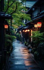 Photograph of a peaceful Japanese street at night