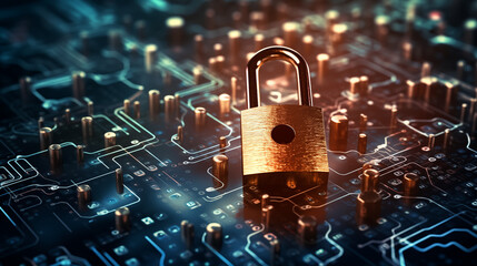 Padlock on circuit board, concept for data security and protection in the information age.
