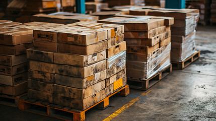 Stack of pallets with used parts in dirty cardboard boxes inside a warehouse.