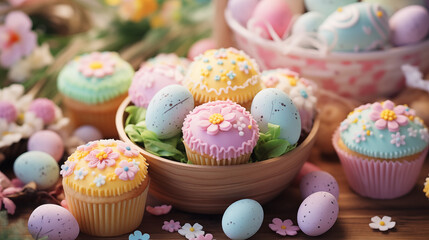 Fototapeta na wymiar Easter celebration cupcakes and eggs in pastel colors.