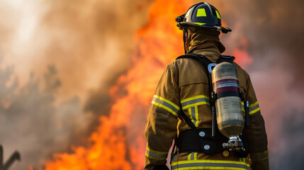 Fototapeta premium Firefighter in full uniform with oxygen tank approaching a wildfire.