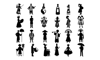 people of different traditions all over the world detailed silhouettes or vector set , black and white