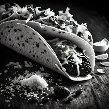 a vintage black and white image of a delicious hard-shell taco