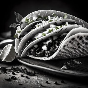 a vintage black and white image of a delicious hard-shell taco