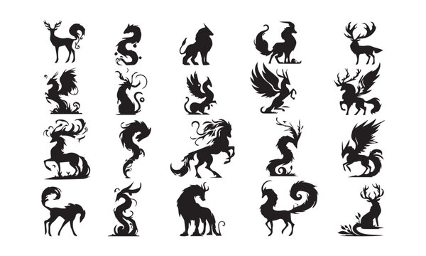 Mythological Monsters and Creatures detailed Vector or Silhouettes set